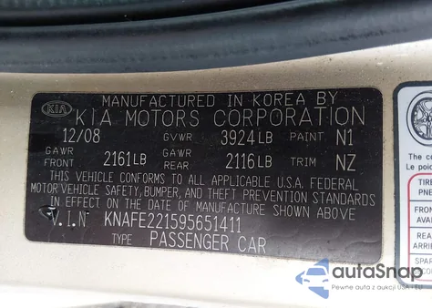 2009 Kia Spectra Ex/Lx/Sx from USA, damaged, VIN KNAFE221595651411